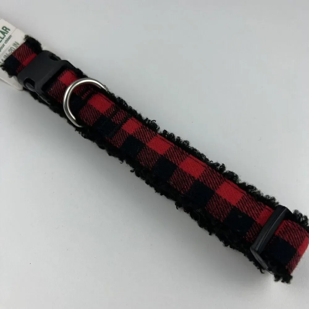 Merry & Bright Adjustable Holiday Themed Dog Collar.  Red & Black Plaid Size M